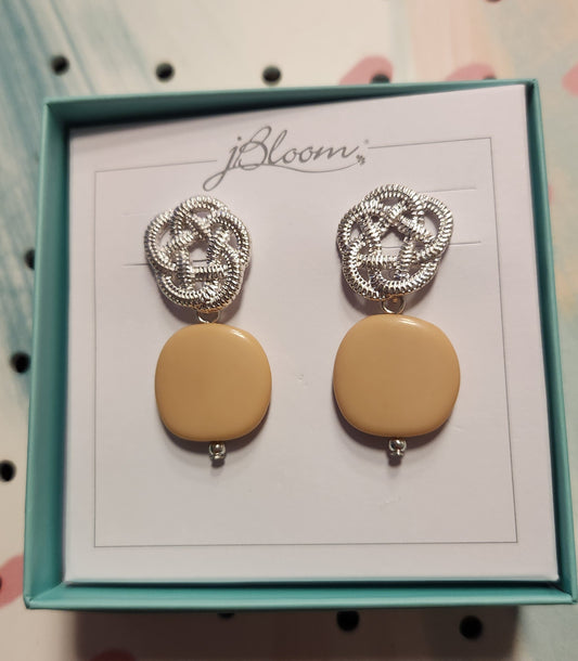 Silver Knot Stud Earrings  with Beige Flat Stone Drop (jbloom)